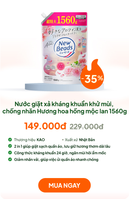 Nước giặt xả kháng khuẩn khử mùi, chống nhăn Kao New Beads Hương hoa hồng mộc lan 1560g